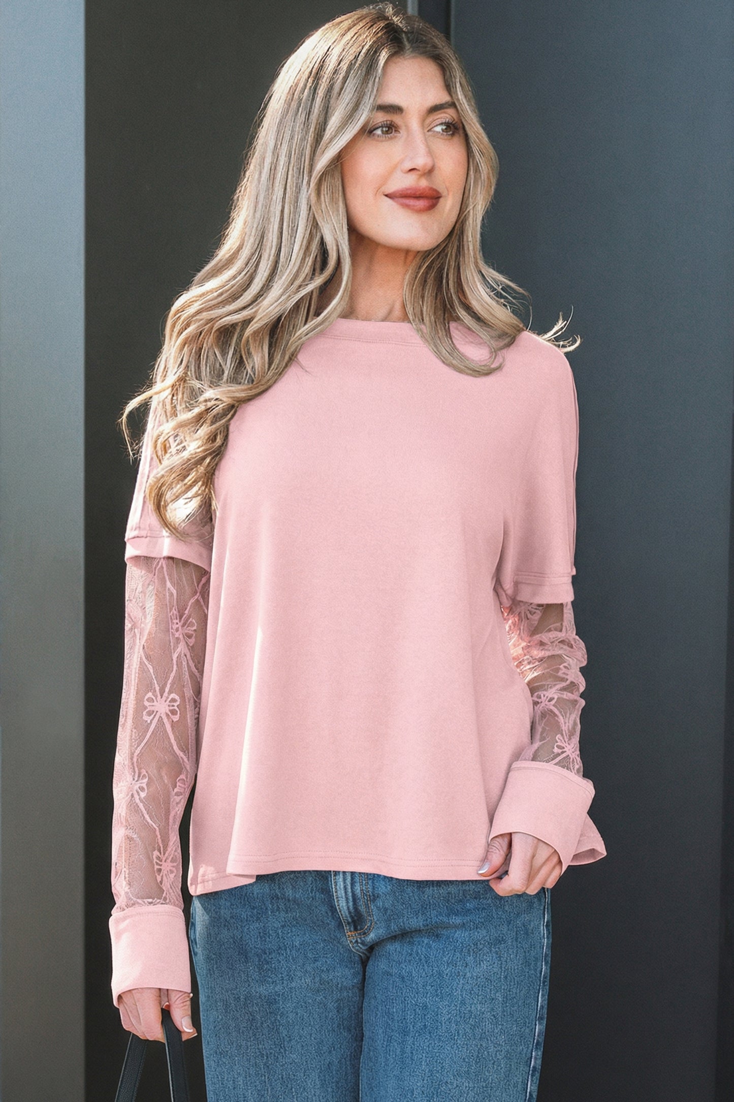 Pretty in Pink- Bow Textured Patchwork Long Sleeve Tee