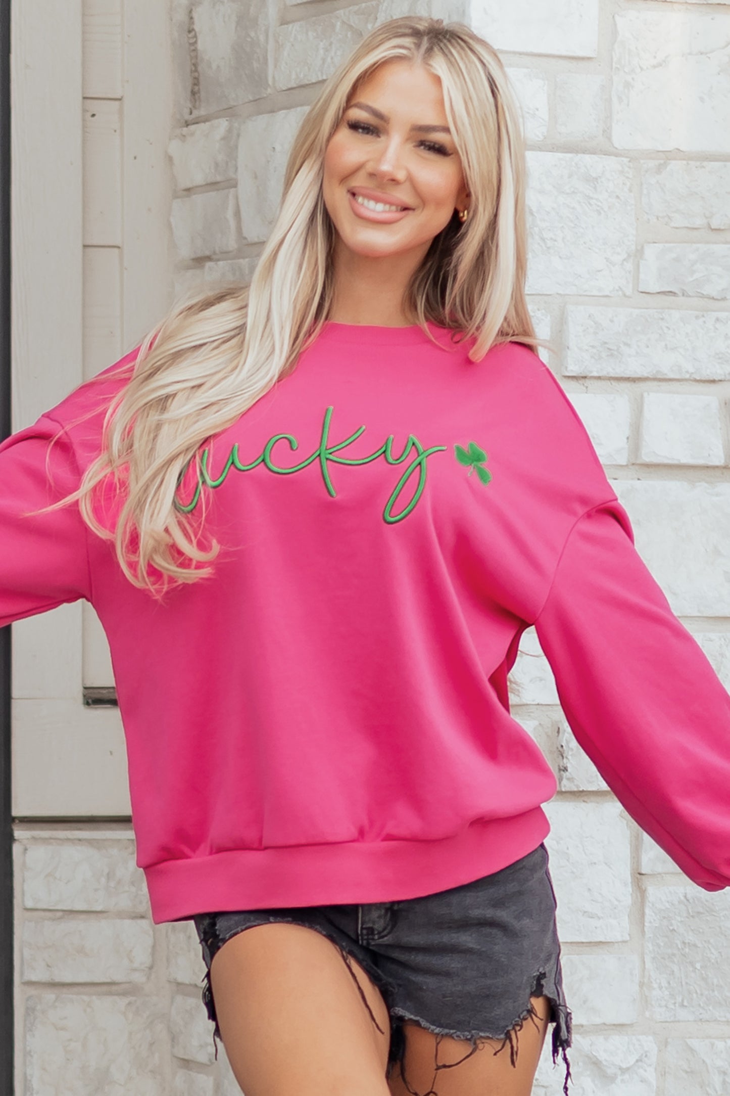Lucky Clover Embroidered Loose Pullover Sweatshirt