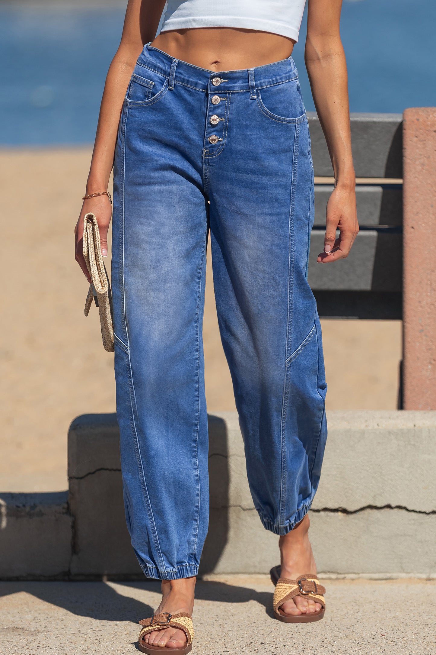 4 Buttons Front Tapered Casual Loose Fit Jeans