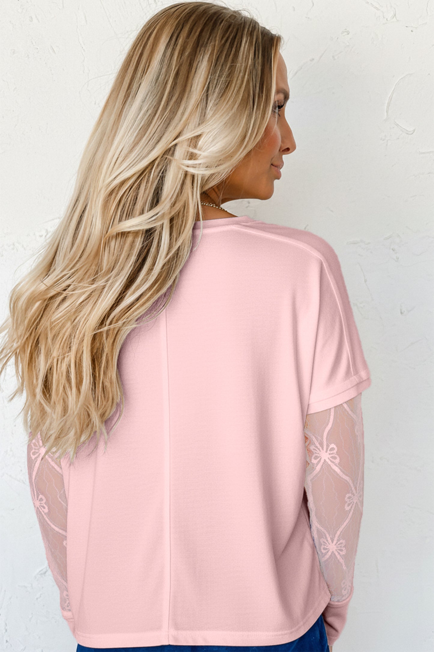 Pretty in Pink- Bow Textured Patchwork Long Sleeve Tee