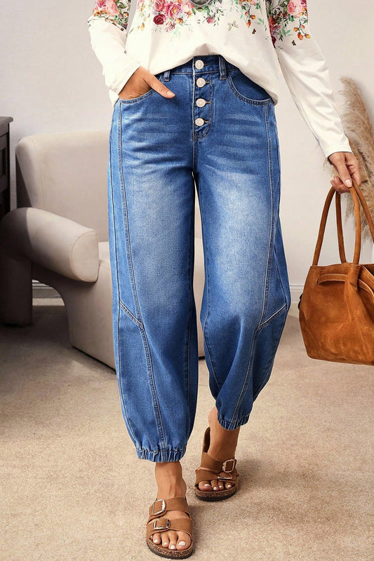 4 Buttons Front Tapered Casual Loose Fit Jeans
