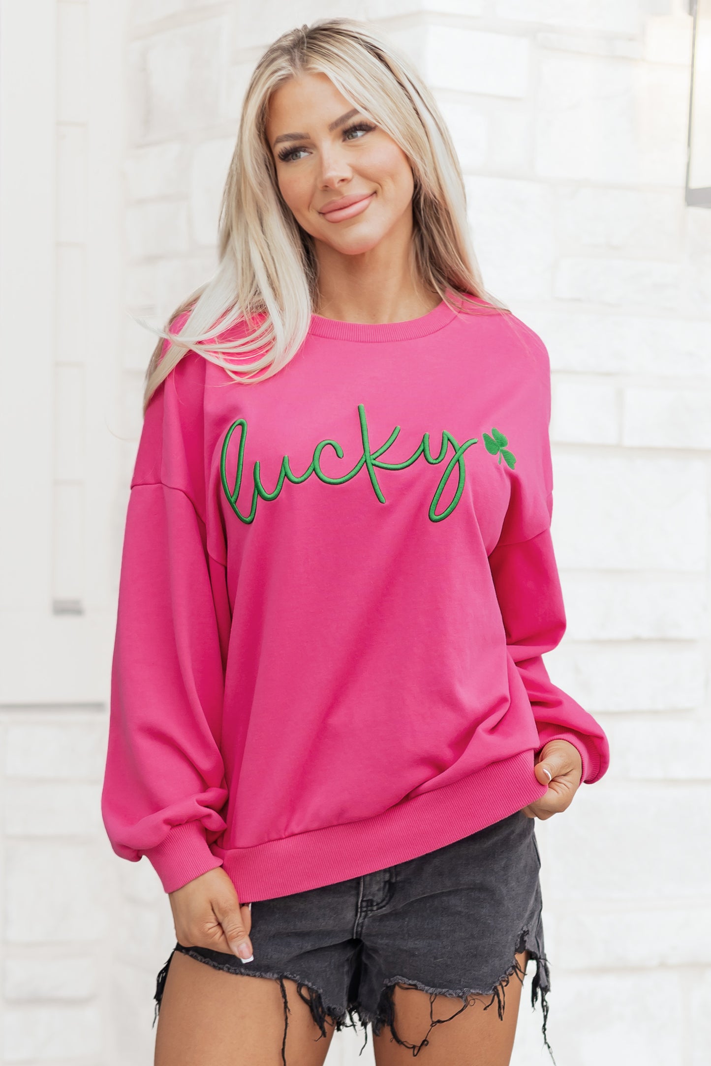 Lucky Clover Embroidered Loose Pullover Sweatshirt