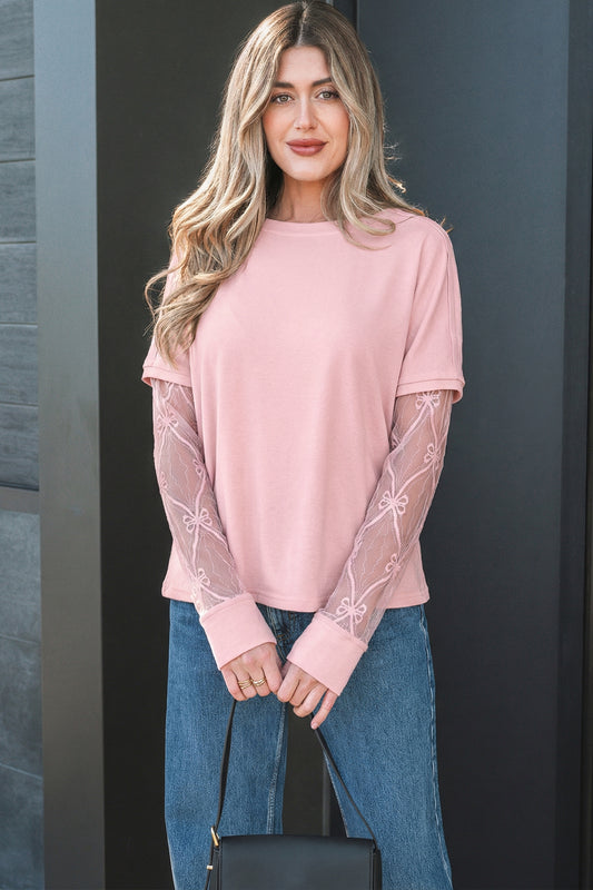 Pretty in Pink- Bow Textured Patchwork Long Sleeve Tee