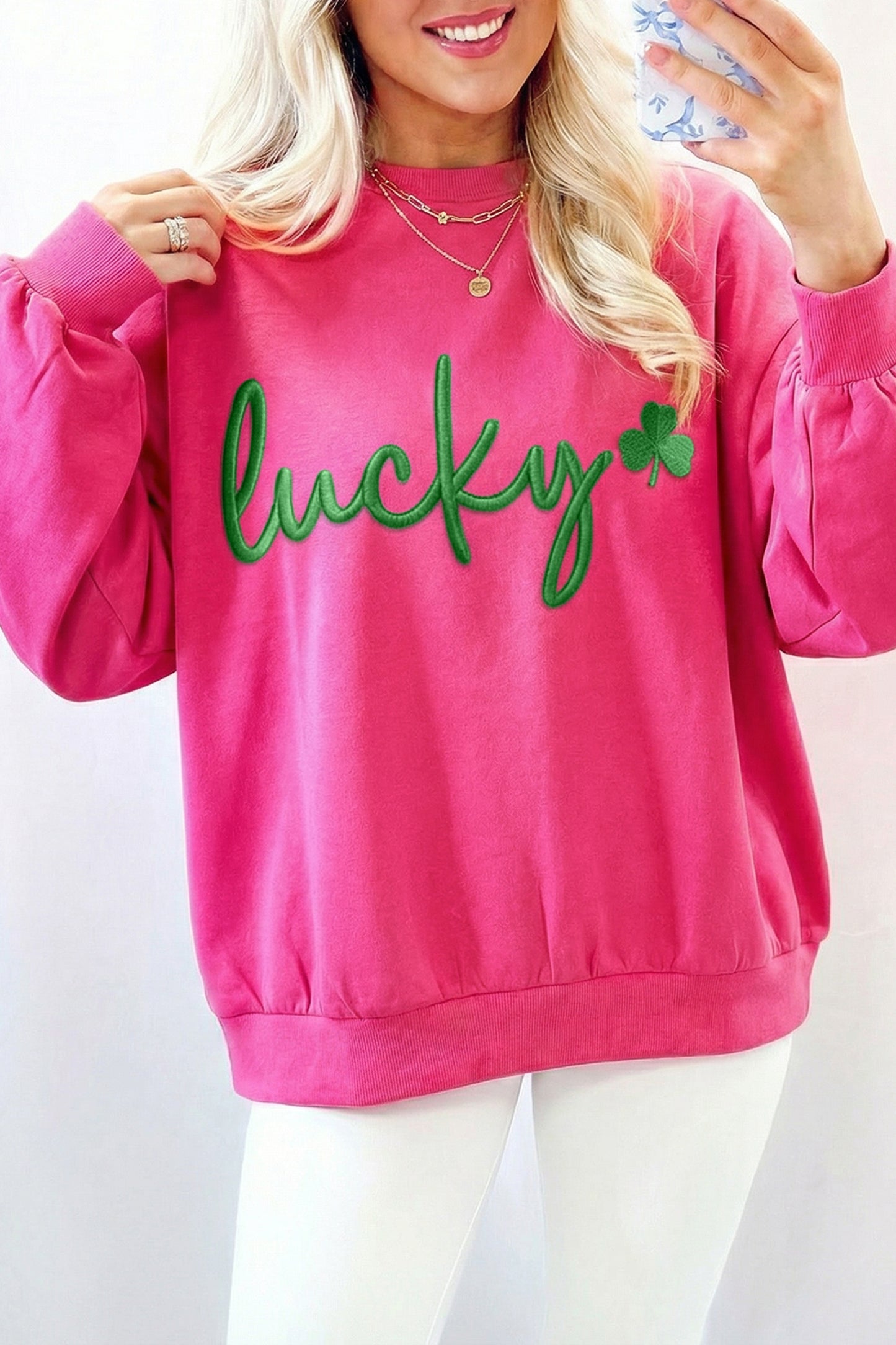 Lucky Clover Embroidered Loose Pullover Sweatshirt